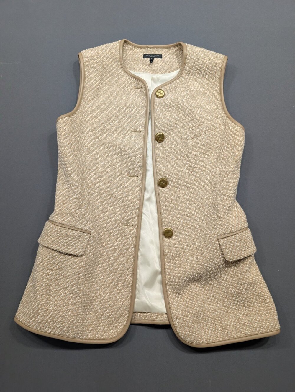 Rag & Bone Tweed Leather Trim Vest Size 6 Beige Gold Buttons
